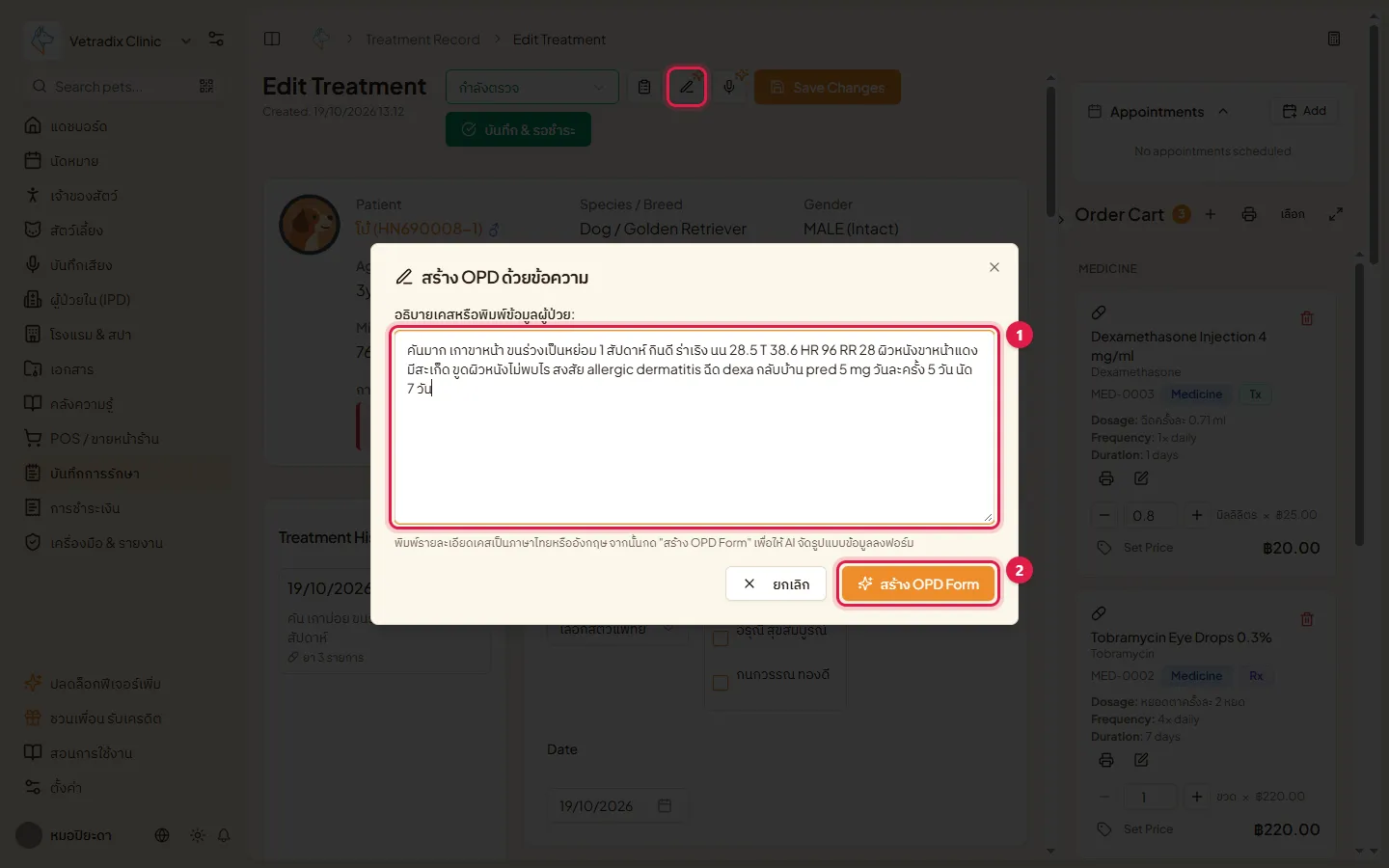 หน้าต่างสร้าง OPD ด้วยข้อความ ช่องพิมพ์รายละเอียดเคส และปุ่มสร้าง OPD Form