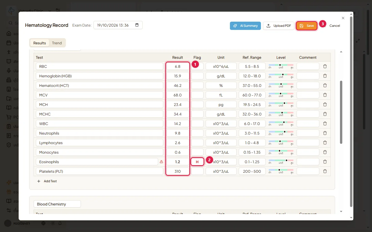 ตาราง CBC ที่ AI กรอกให้ ค่า Result คอลัมน์ Flag ที่ขึ้น H และปุ่ม Save