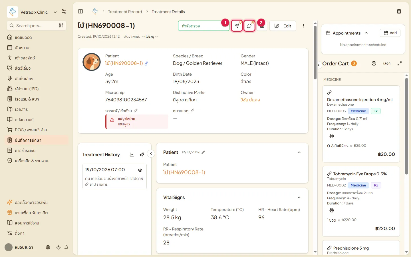 ปุ่ม AI Referral และปุ่มส่งสรุปการรักษาในหน้ารายละเอียดการรักษา