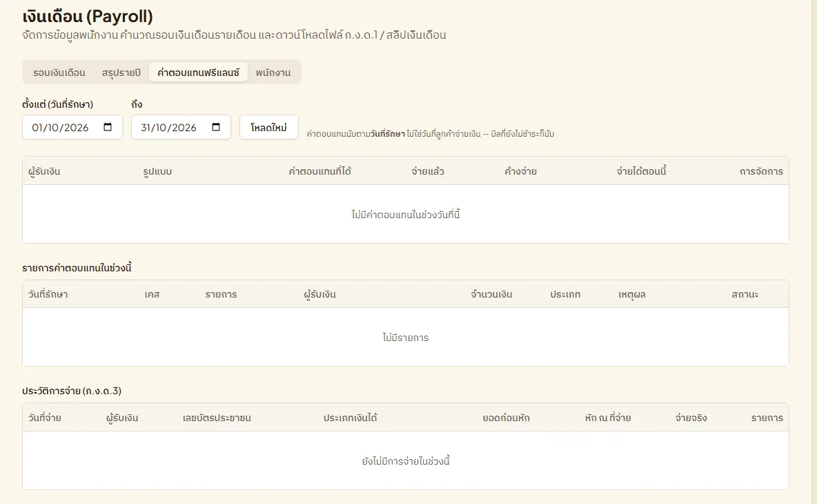 แท็บค่าตอบแทนฟรีแลนซ์ ช่วงวันที่รักษา ตารางสรุปผู้รับเงิน รายการค่าตอบแทน และประวัติการจ่าย ภ.ง.ด.3